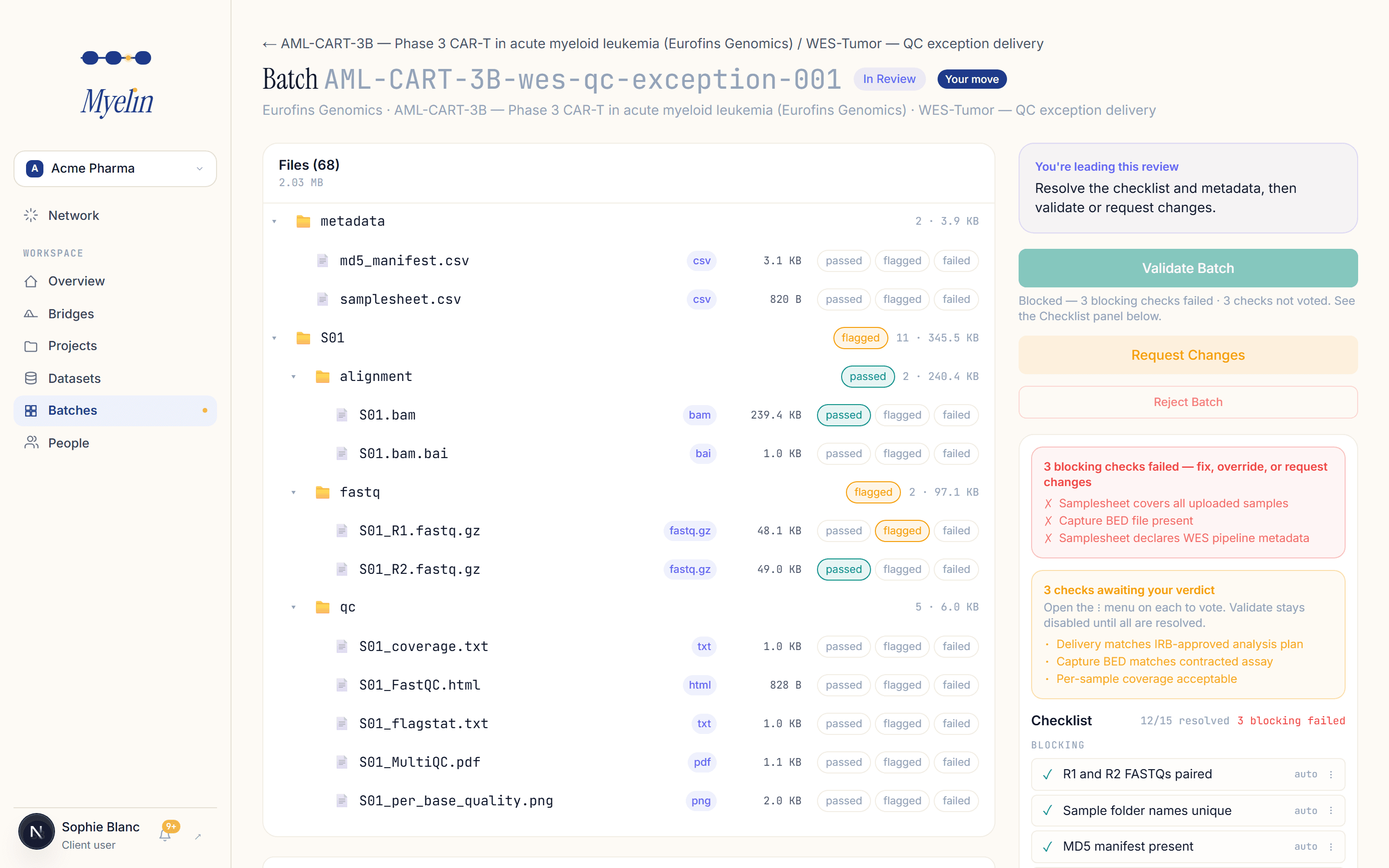 Myelin batch review screen: a file tree with per-file quality verdicts, three blocking checks failed, and the review checklist